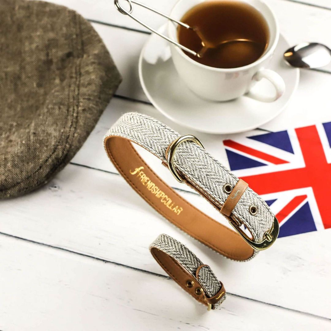 Vegan Leather Dog Collar and Matching Bracelet in Herringbone Tweed - This Dog's Life