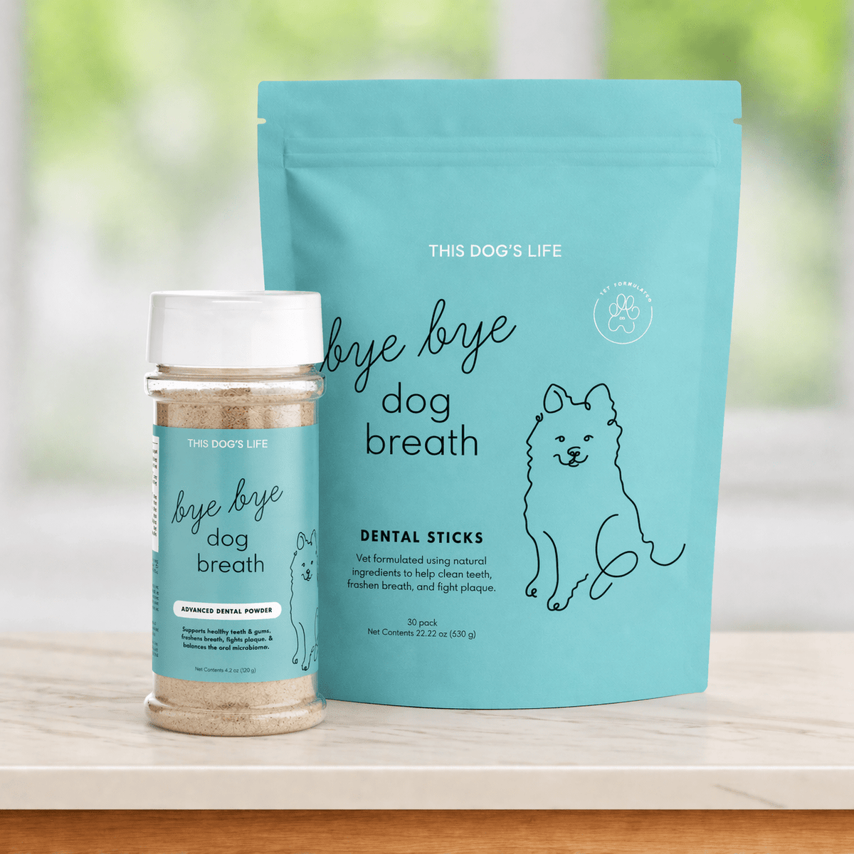 Bye Bye Dog Breath dental kit with dental powder and dental sticks