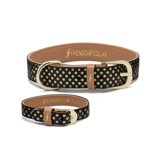 Vegan Leather Dog Collar and Matching Bracelet in Gold Polka Dots - This Dog's Life