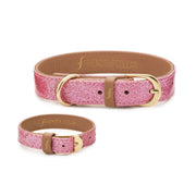 Vegan Leather Dog Collar and Matching Bracelet in Glittery Pink - This Dog's Life