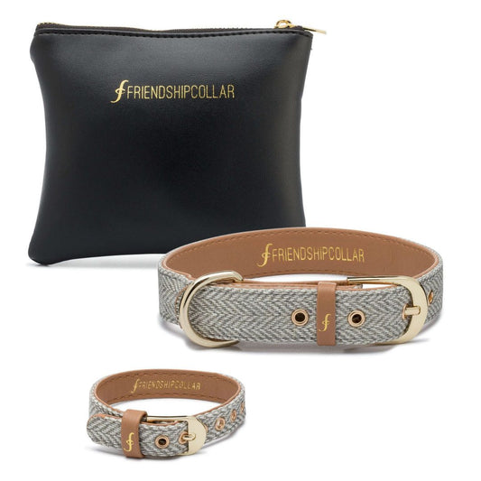 Vegan Leather Dog Collar and Matching Bracelet in Herringbone Tweed - This Dog's Life