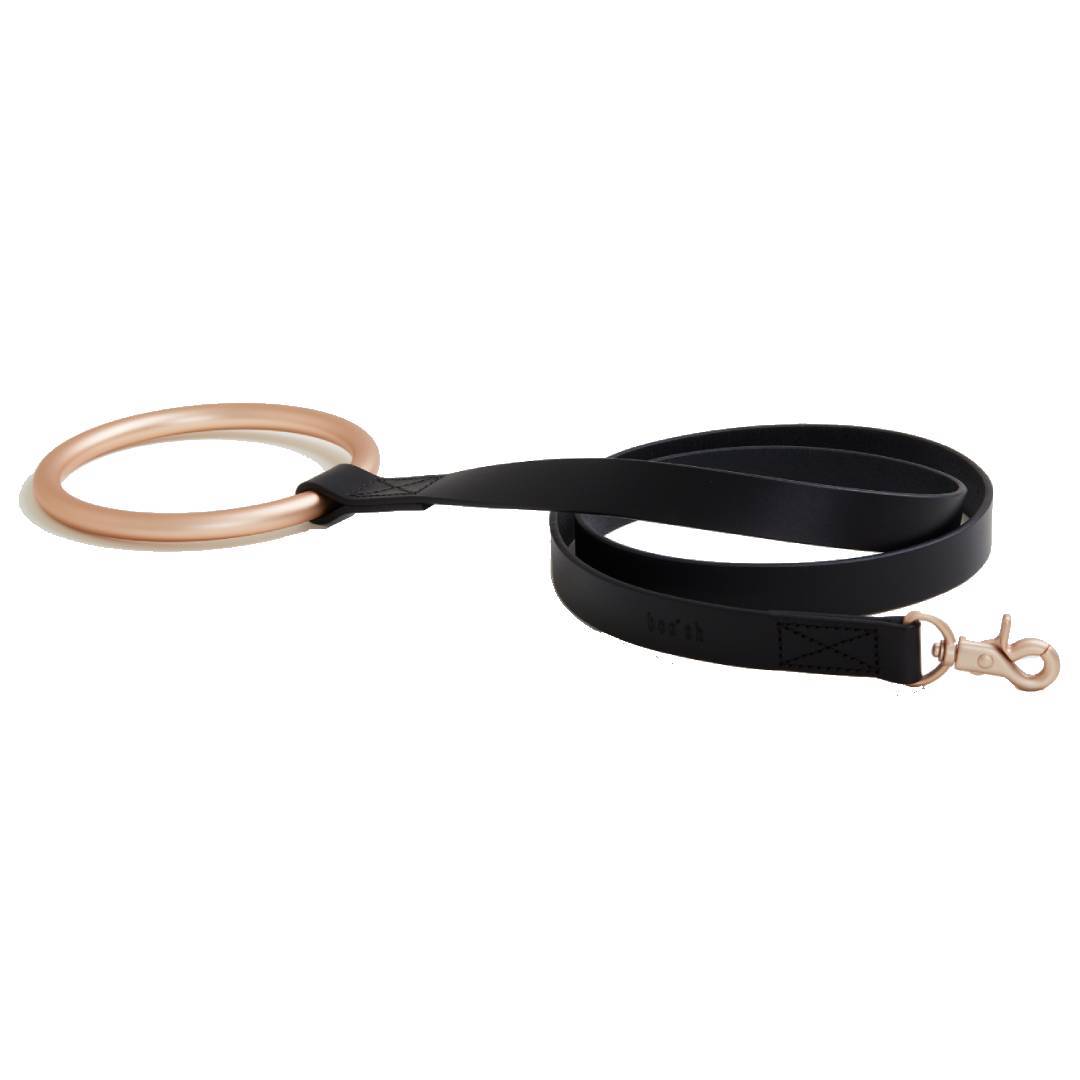 Circular Handle Leather Leash in Classic Black and Gold