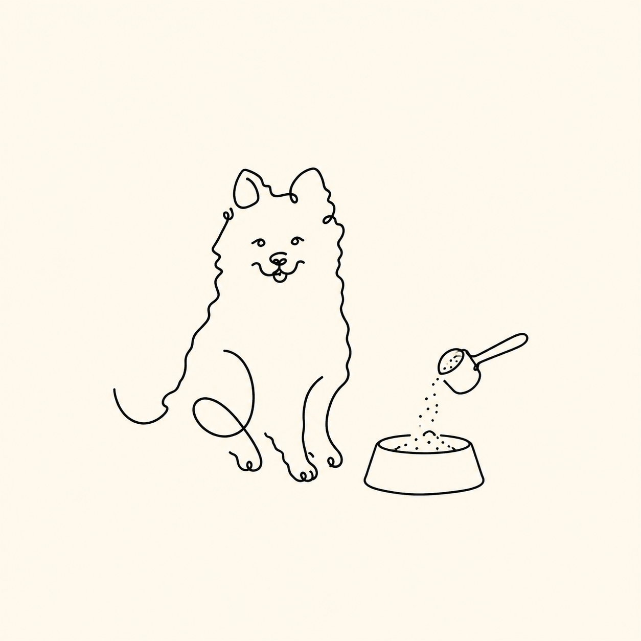 Abstract teal dog waiting beside a food bowl as dental powder is added